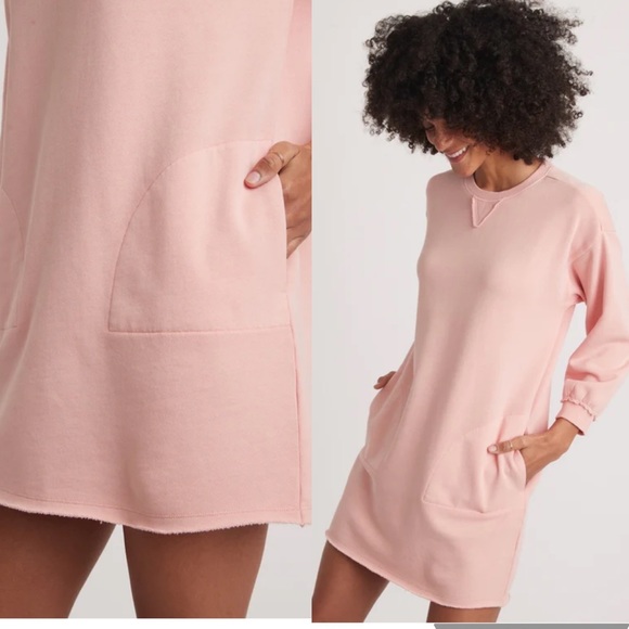 Marine Layer Crew Neck Jersey Knit 3/4 Sleeve Sweatshirt Dress Seashell Pink XS - Picture 2 of 8